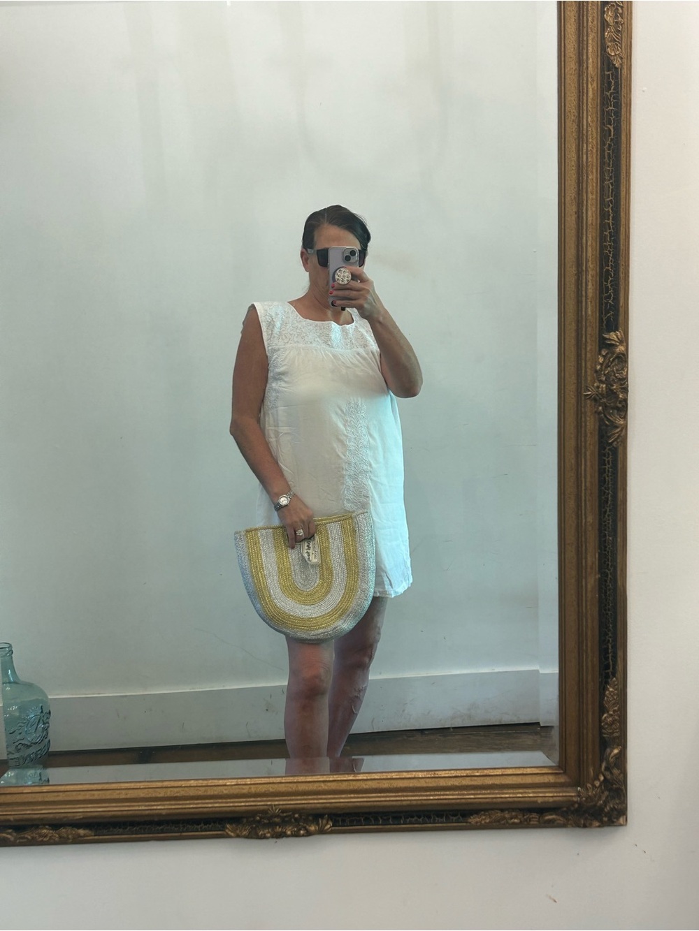 J. Marie White Summer Sleeveless Embroidered Sun Dress SzM Lined BOHO Beach Chic